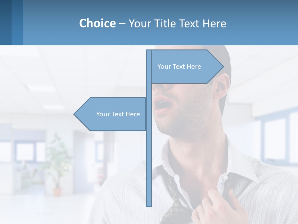 A Man In A White Shirt Is Holding A Blue Sign PowerPoint Template