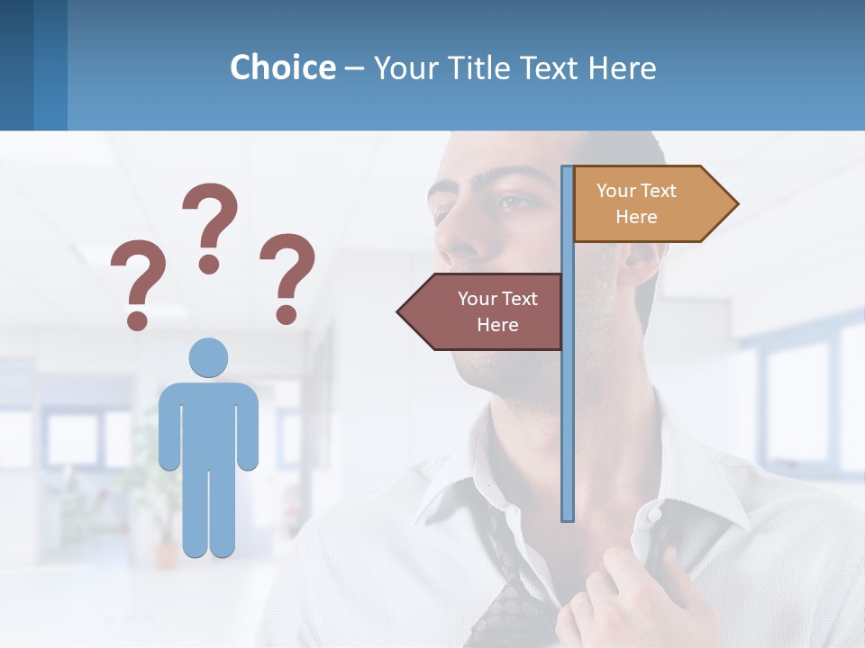 A Man In A White Shirt Is Holding A Blue Sign PowerPoint Template
