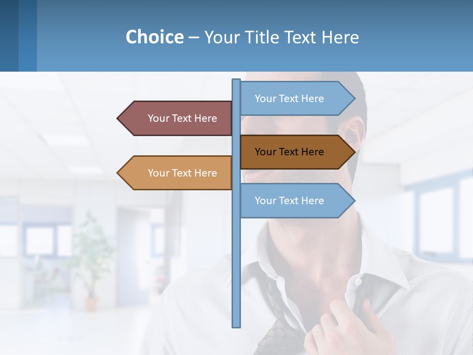 A Man In A White Shirt Is Holding A Blue Sign PowerPoint Template