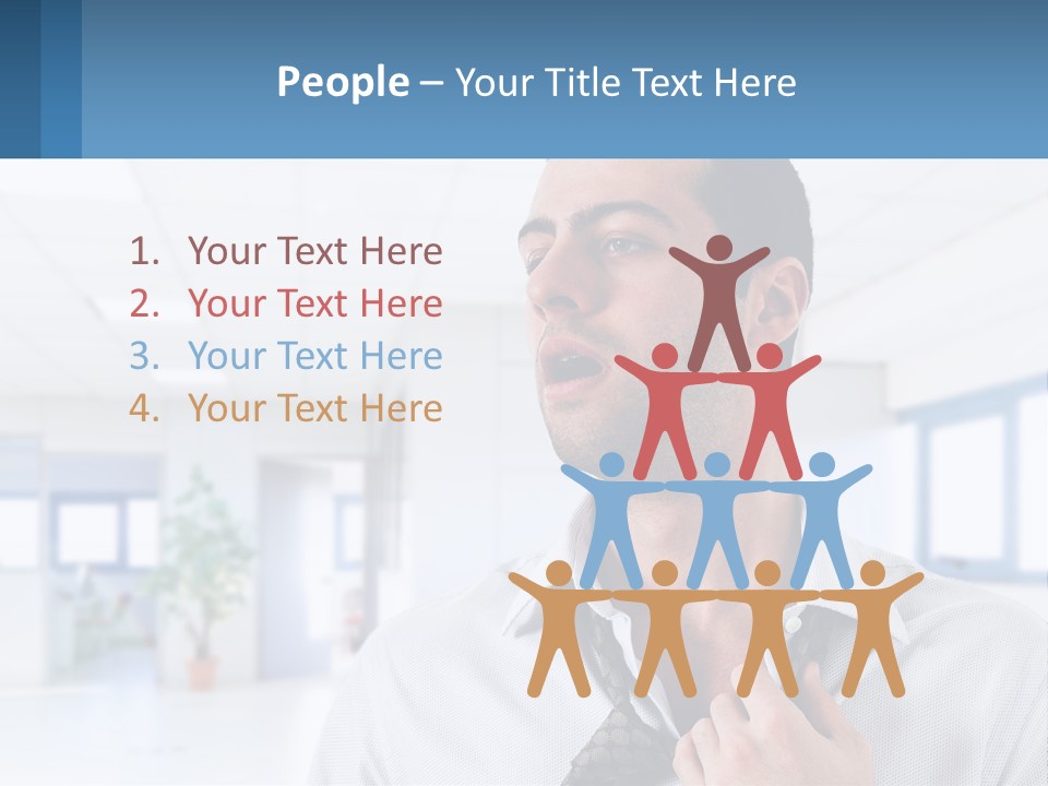 A Man In A White Shirt Is Holding A Blue Sign PowerPoint Template
