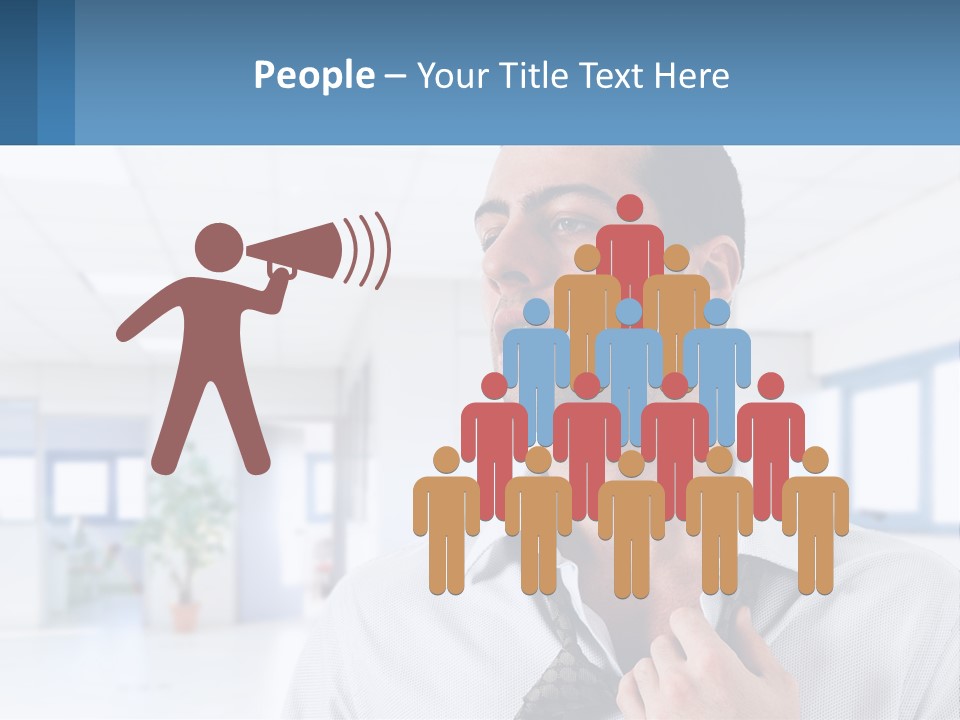 A Man In A White Shirt Is Holding A Blue Sign PowerPoint Template