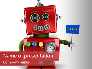 A Red Robot Holding A Sign And A Blue Sign PowerPoint Template