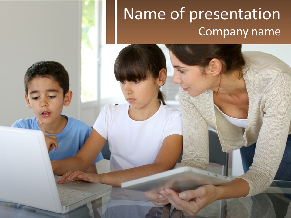 A Woman And Two Children Looking At A Laptop PowerPoint Template