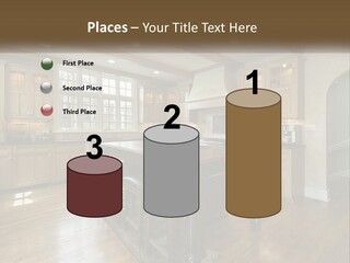 A Large Kitchen With Wooden Cabinets And A Center Island PowerPoint Template