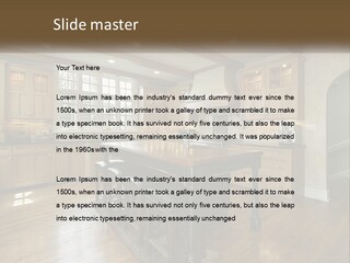 A Large Kitchen With Wooden Cabinets And A Center Island PowerPoint Template