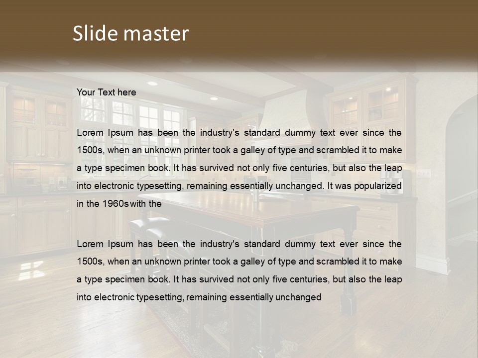 A Large Kitchen With Wooden Cabinets And A Center Island PowerPoint Template