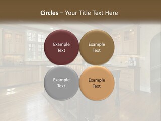 A Large Kitchen With Wooden Cabinets And A Center Island PowerPoint Template