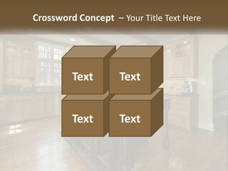 A Large Kitchen With Wooden Cabinets And A Center Island PowerPoint Template
