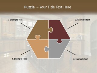 A Large Kitchen With Wooden Cabinets And A Center Island PowerPoint Template