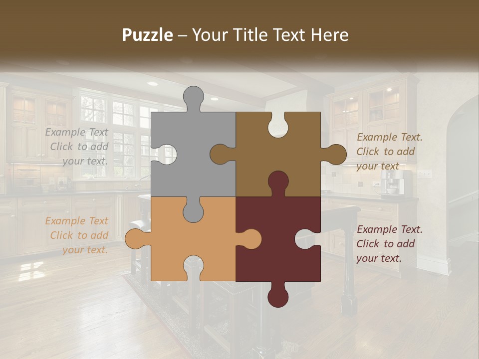 A Large Kitchen With Wooden Cabinets And A Center Island PowerPoint Template