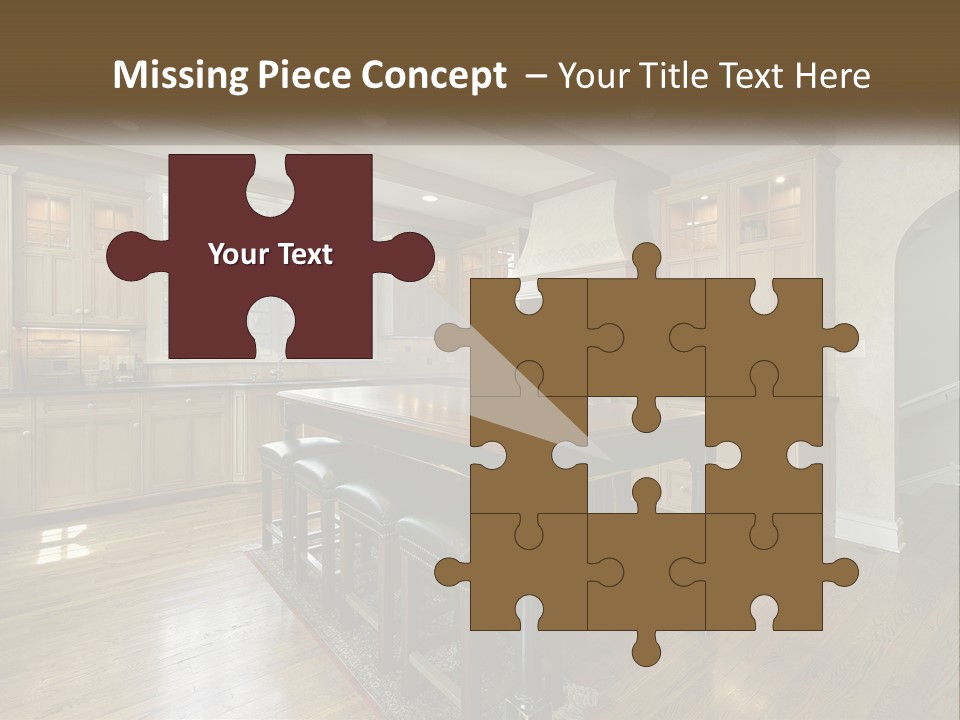 A Large Kitchen With Wooden Cabinets And A Center Island PowerPoint Template