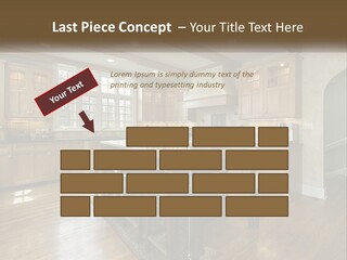 A Large Kitchen With Wooden Cabinets And A Center Island PowerPoint Template