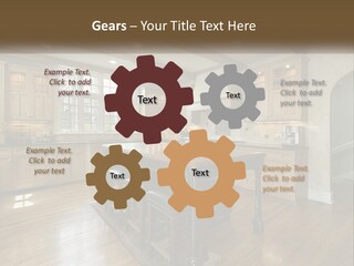 A Large Kitchen With Wooden Cabinets And A Center Island PowerPoint Template