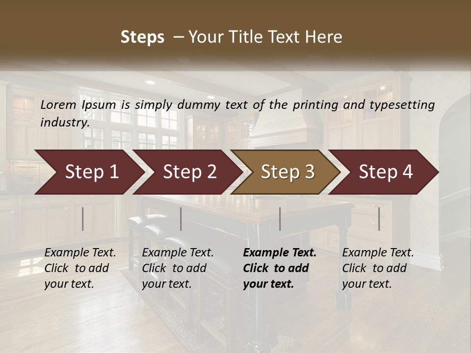 A Large Kitchen With Wooden Cabinets And A Center Island PowerPoint Template