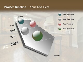 A Large Kitchen With Wooden Cabinets And A Center Island PowerPoint Template