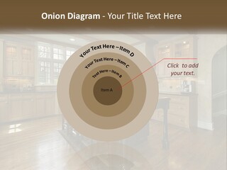 A Large Kitchen With Wooden Cabinets And A Center Island PowerPoint Template