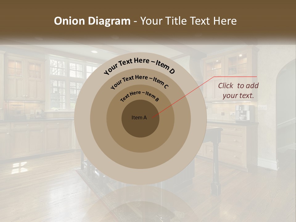 A Large Kitchen With Wooden Cabinets And A Center Island PowerPoint Template