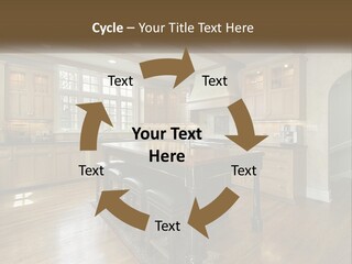 A Large Kitchen With Wooden Cabinets And A Center Island PowerPoint Template