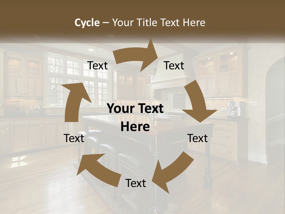 A Large Kitchen With Wooden Cabinets And A Center Island PowerPoint Template