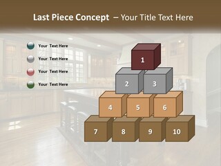 A Large Kitchen With Wooden Cabinets And A Center Island PowerPoint Template