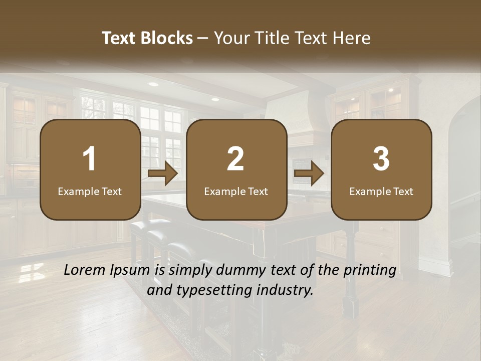 A Large Kitchen With Wooden Cabinets And A Center Island PowerPoint Template