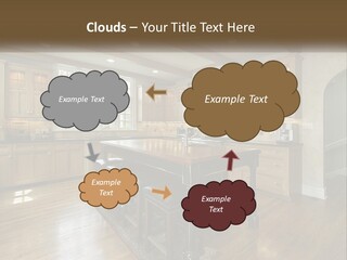 A Large Kitchen With Wooden Cabinets And A Center Island PowerPoint Template