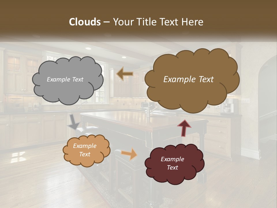 A Large Kitchen With Wooden Cabinets And A Center Island PowerPoint Template