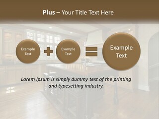 A Large Kitchen With Wooden Cabinets And A Center Island PowerPoint Template
