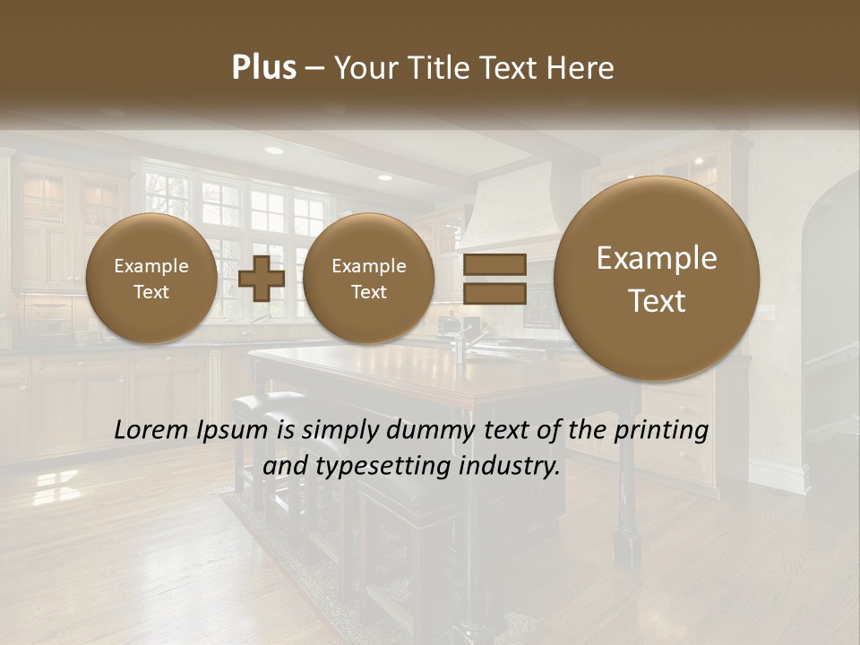 A Large Kitchen With Wooden Cabinets And A Center Island PowerPoint Template