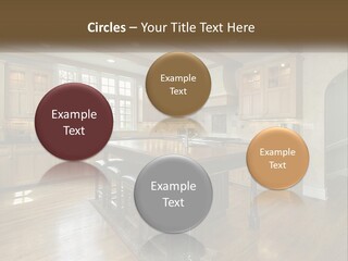 A Large Kitchen With Wooden Cabinets And A Center Island PowerPoint Template
