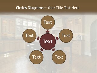 A Large Kitchen With Wooden Cabinets And A Center Island PowerPoint Template