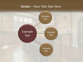 A Large Kitchen With Wooden Cabinets And A Center Island PowerPoint Template