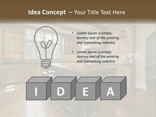 A Large Kitchen With Wooden Cabinets And A Center Island PowerPoint Template