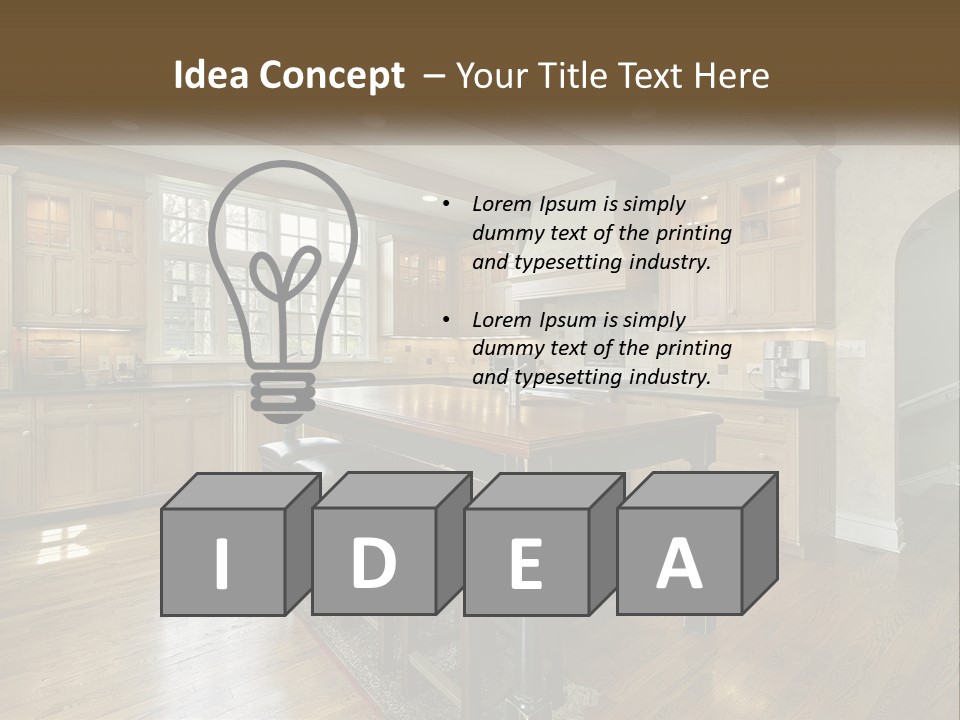 A Large Kitchen With Wooden Cabinets And A Center Island PowerPoint Template