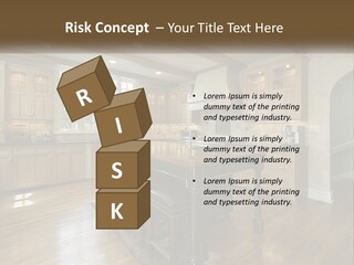 A Large Kitchen With Wooden Cabinets And A Center Island PowerPoint Template