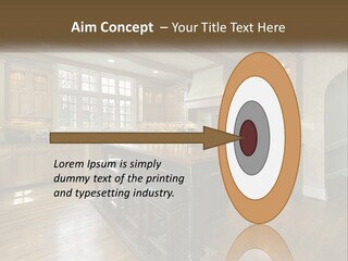 A Large Kitchen With Wooden Cabinets And A Center Island PowerPoint Template