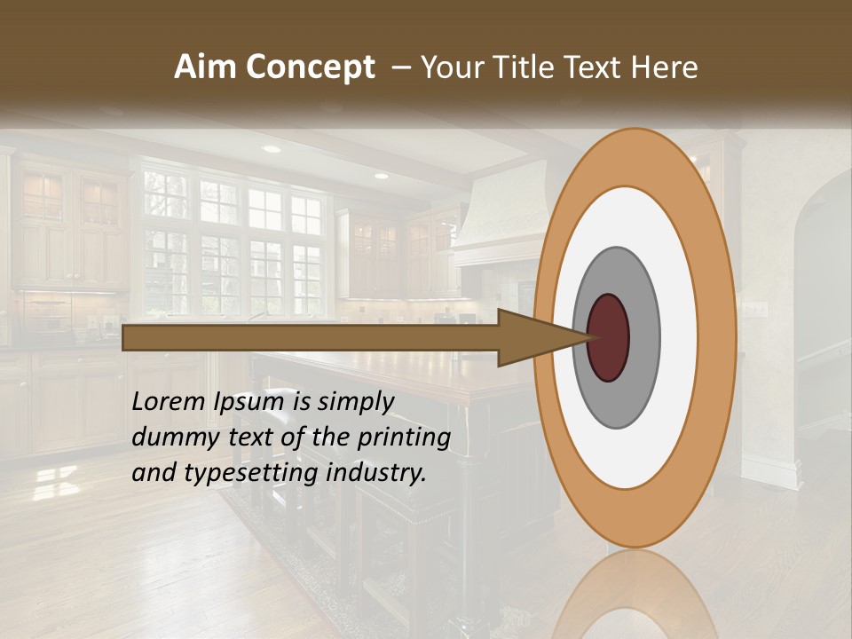A Large Kitchen With Wooden Cabinets And A Center Island PowerPoint Template