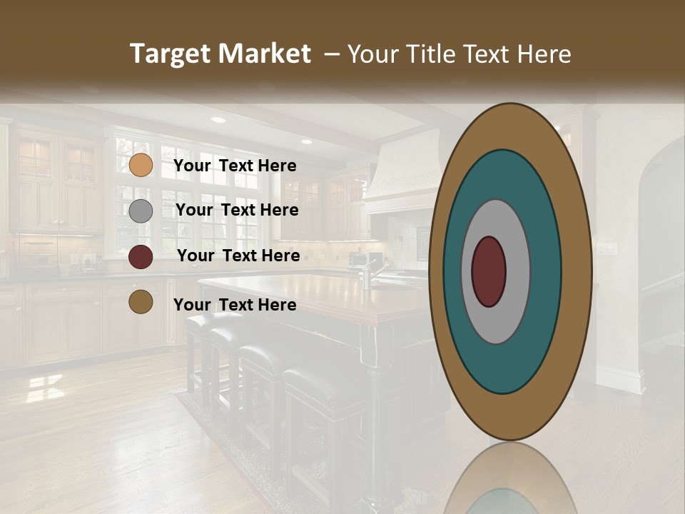 A Large Kitchen With Wooden Cabinets And A Center Island PowerPoint Template