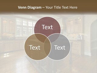 A Large Kitchen With Wooden Cabinets And A Center Island PowerPoint Template