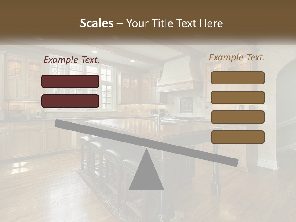 A Large Kitchen With Wooden Cabinets And A Center Island PowerPoint Template