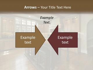 A Large Kitchen With Wooden Cabinets And A Center Island PowerPoint Template
