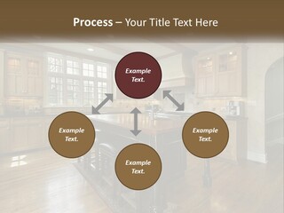 A Large Kitchen With Wooden Cabinets And A Center Island PowerPoint Template