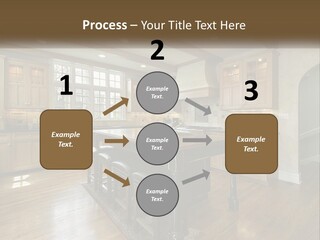 A Large Kitchen With Wooden Cabinets And A Center Island PowerPoint Template