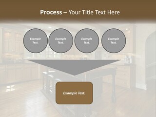 A Large Kitchen With Wooden Cabinets And A Center Island PowerPoint Template