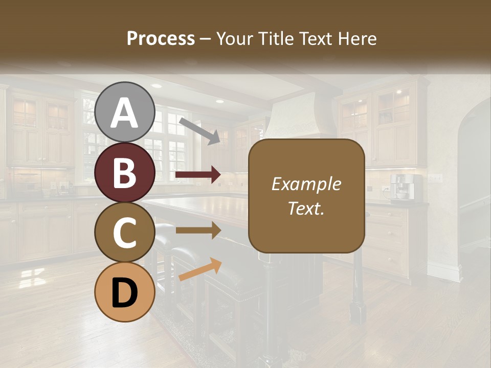 A Large Kitchen With Wooden Cabinets And A Center Island PowerPoint Template