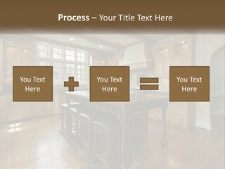 A Large Kitchen With Wooden Cabinets And A Center Island PowerPoint Template
