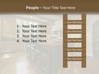 A Large Kitchen With Wooden Cabinets And A Center Island PowerPoint Template