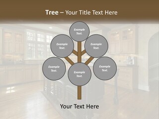 A Large Kitchen With Wooden Cabinets And A Center Island PowerPoint Template