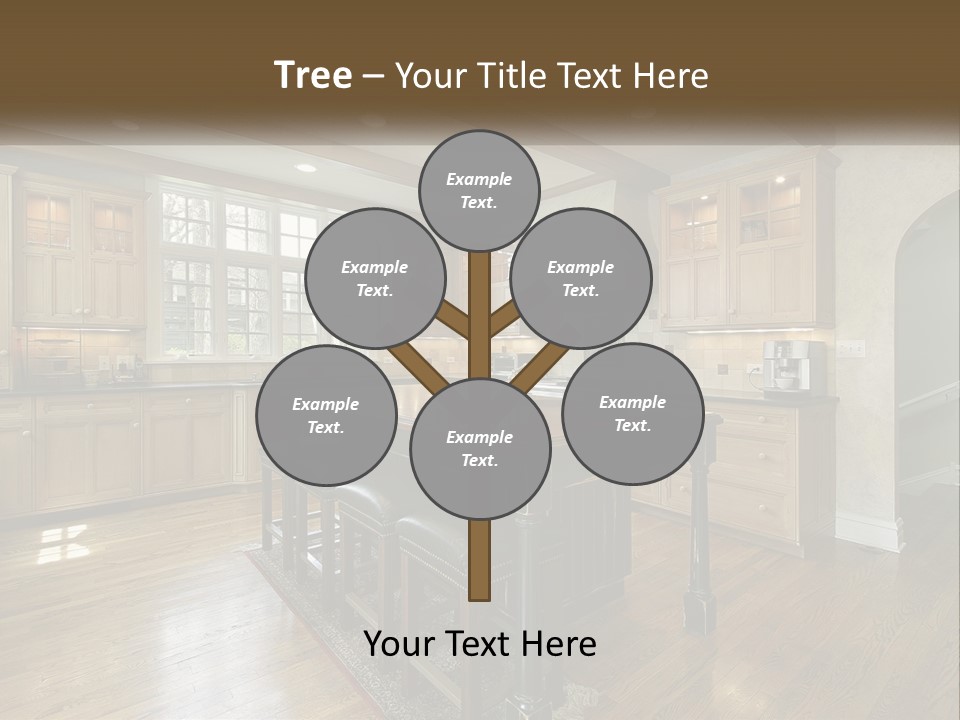 A Large Kitchen With Wooden Cabinets And A Center Island PowerPoint Template