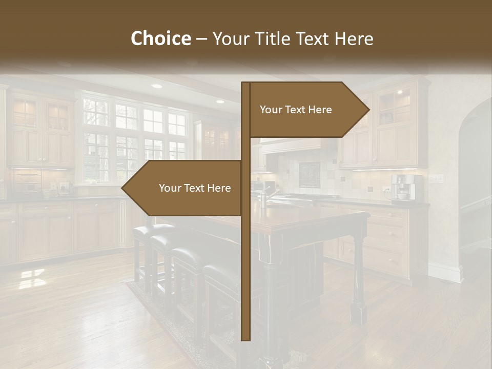 A Large Kitchen With Wooden Cabinets And A Center Island PowerPoint Template